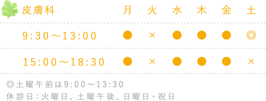 柏駅前内科・皮ふ科の皮膚科の診療時間は平日9：30～13：00　15：30～19：00、土曜は9：00～13：30、休診日：火曜、土曜午後、日曜祝日